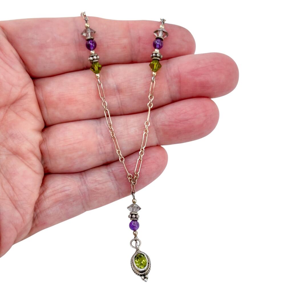 Vintage Sterling Silver 925 Amethyst Peridot Crystal Necklace 17"